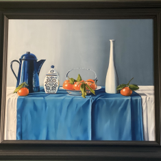 ‘Still life on blue sheet’, oil on canvas.